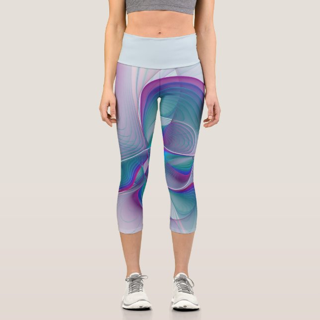 Modern Abstract Pink Blue Turquoise Fractal Art Capri Leggings (Front)