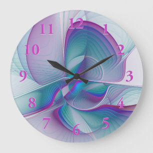 Modern Abstract Pink Blue Turquoise Fractal Art Large Clock