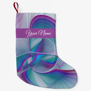 Modern Abstract Pink Blue Turquoise Fractal Name Small Christmas Stocking