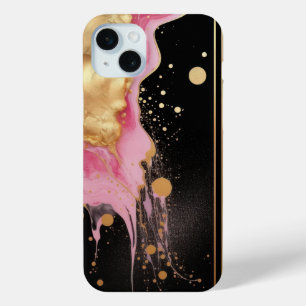 Modern abstract pink gold and black ink marble iPhone 15 mini case
