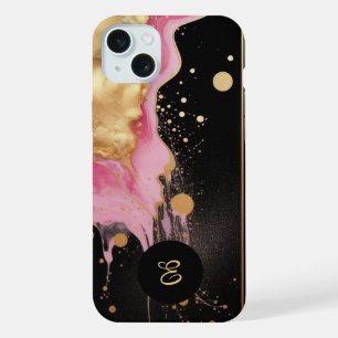 Modern abstract pink gold and black ink marble iPhone 15 plus case