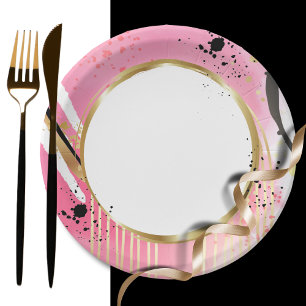Modern Abstract Pink Gold Black Retro Party Fun  Paper Plate