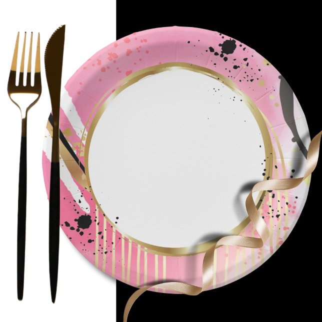 Modern Abstract Pink Gold Black Retro Party Fun  Paper Plate (Creator Uploaded)
