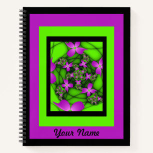 Modern Abstract Pink Green Fractal Flowers Name Notebook