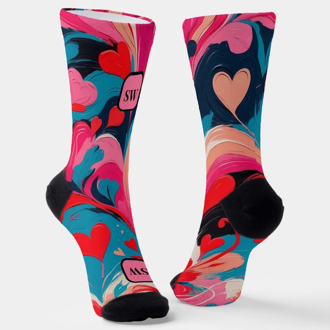 Modern abstract pink hearts & swirls monogram socks (Creator Uploaded)