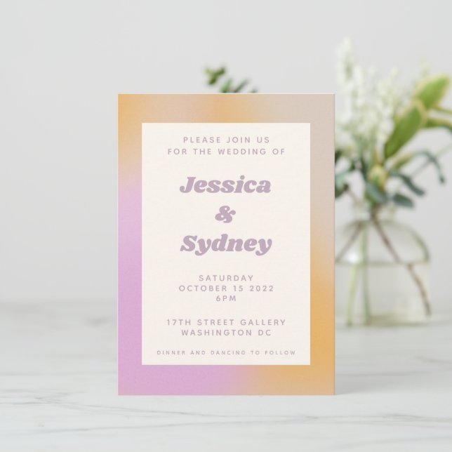 Modern Abstract Pink Orange Gradient Wedding  Invitation (Standing Front)