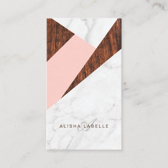 Modern Abstract Pink, White Marble & Woodgrain Business Card (Front)