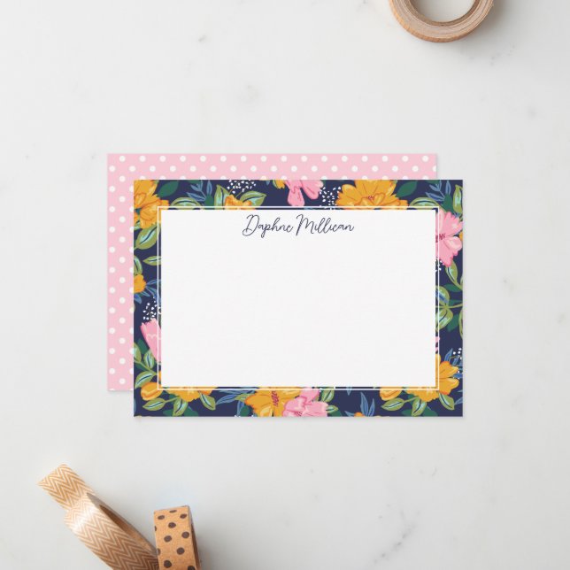Modern Abstract Pink & Yellow Floral Pattern Name Card (Front/Back In Situ)