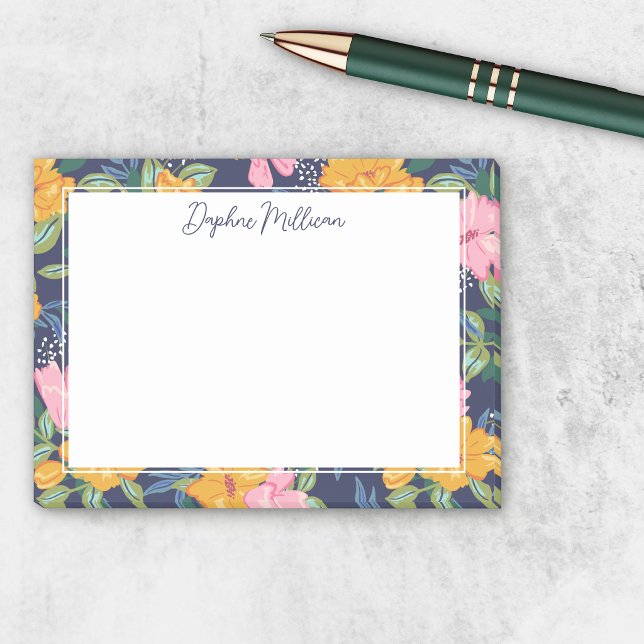 Modern Abstract Pink & Yellow Floral Pattern Name Post-it Notes (Creator Uploaded)