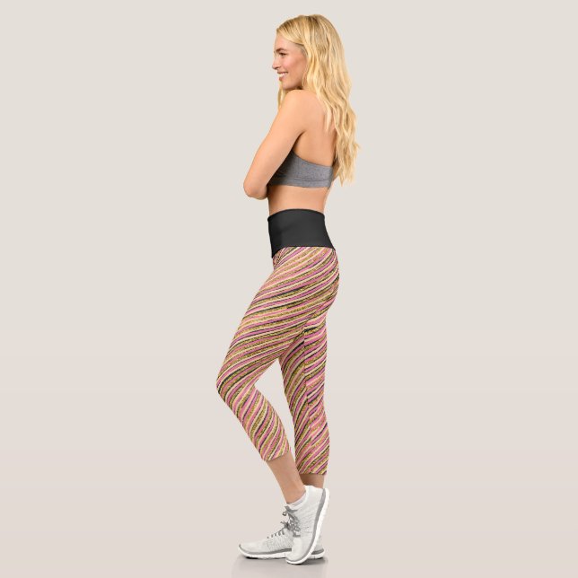 Modern Abstract Pink Yellow Gold Colourful Stripes Capri Leggings (Left)