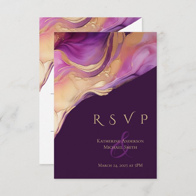 Modern Abstract Purple and Gold Elegant Wedding RSVP Card (Front/Back)