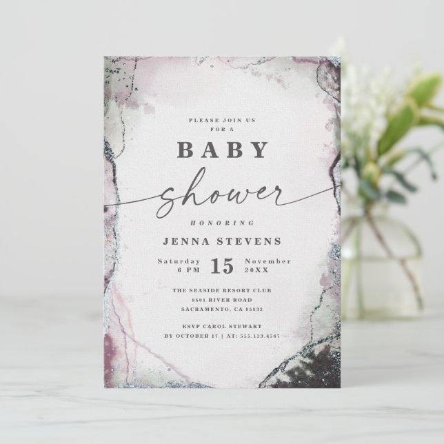 Modern Abstract Purple & Green Baby Shower Invitation (Standing Front)