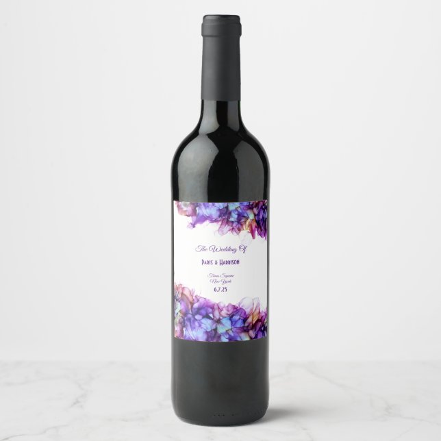 Modern Abstract Purple Haze Alcohol Ink  Wedding Wine Label (Front)