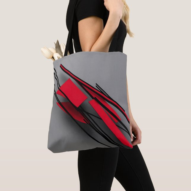 Modern Abstract Red and Black Geometric Tote Bag (Close Up)