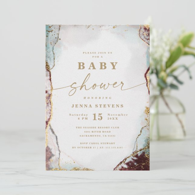 Modern Abstract Red Aqua & Gold Baby Shower Invitation (Standing Front)