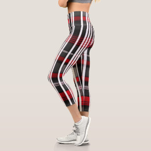 Modern Abstract Red Black Plaid Collection Capri Leggings
