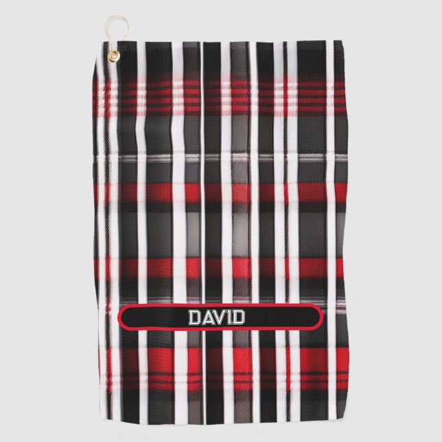 Modern Abstract Red Black Plaid Collection Golf Towel (Front)