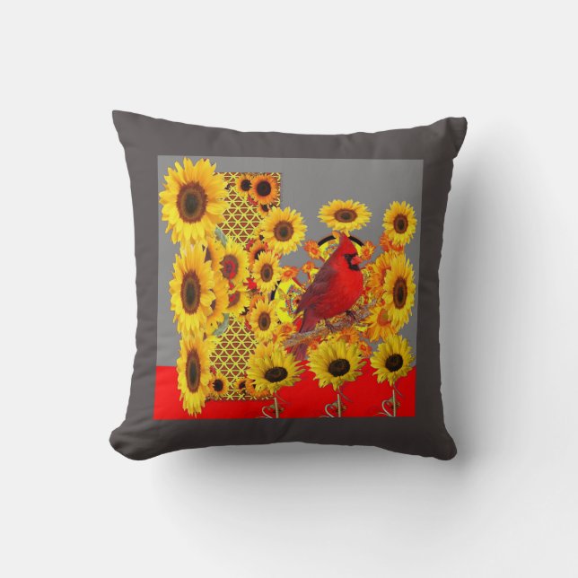 MODERN ABSTRACT RED CARDINAL YELLOW SUNFLOWERS CUSHION (Front)