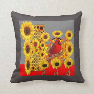 MODERN ABSTRACT RED CARDINAL YELLOW SUNFLOWERS CUSHION
