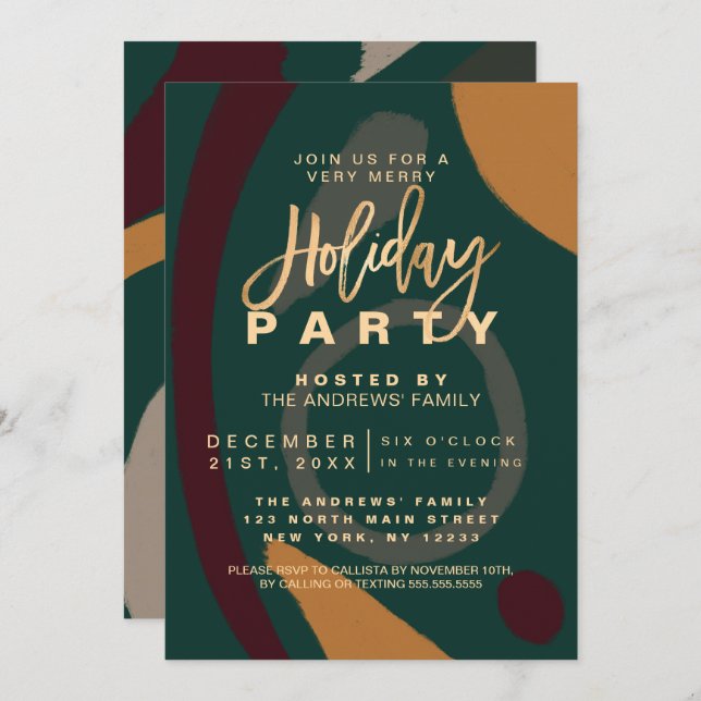 Modern Abstract Red Green Gold Holiday Party Invitation (Front/Back)