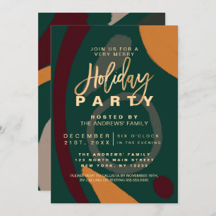 Modern Abstract Red Green Gold Holiday Party Invitation
