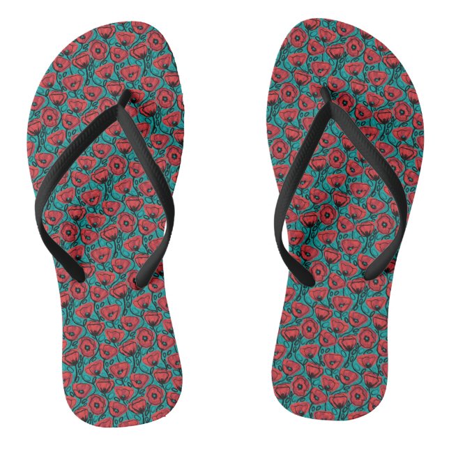 Modern Abstract Red Poppy Floral Pattern Flip Flops (Footbed)