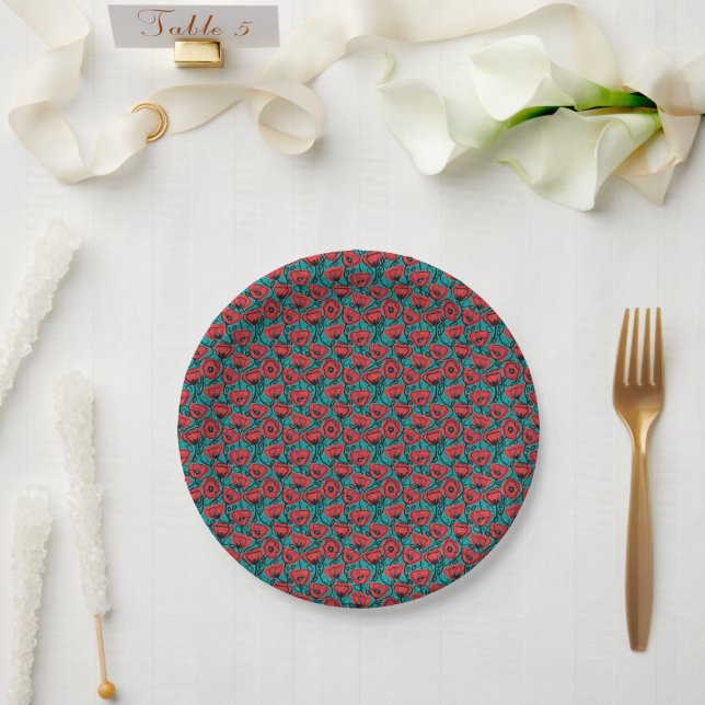 Modern Abstract Red Poppy Floral Pattern Paper Plate (Wedding)