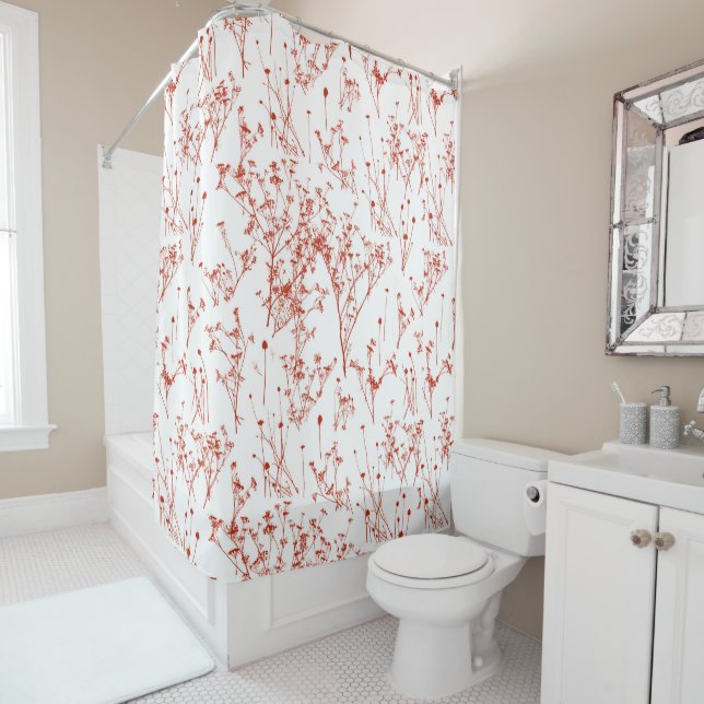 Modern Abstract Red Toile Wildflowers on White Shower Curtain (In Situ)