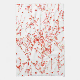 Modern Abstract Red Toile Wildflowers on White Tea Towel