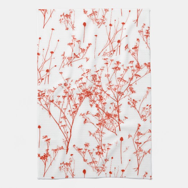 Modern Abstract Red Toile Wildflowers on White Tea Towel (Vertical)
