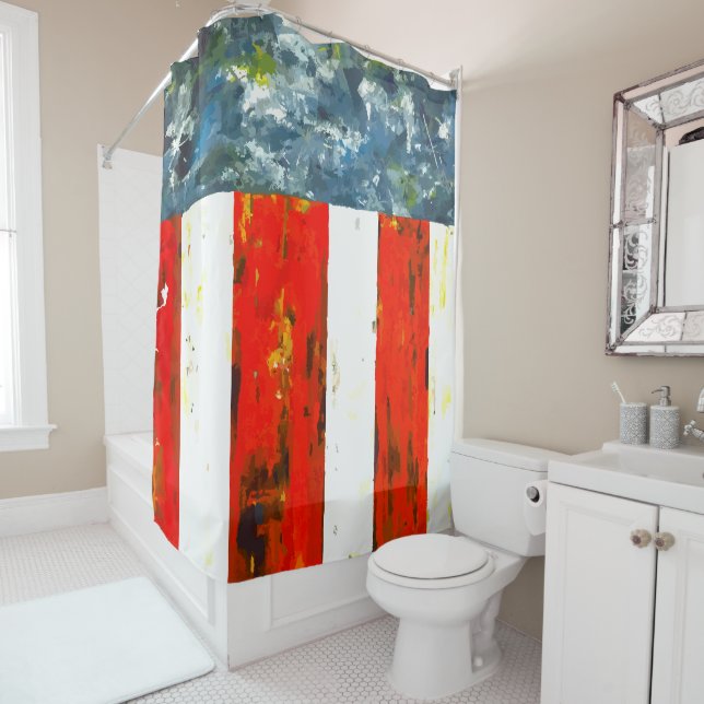 Modern Abstract Red, White and Blue Flag-like  Shower Curtain (In Situ)