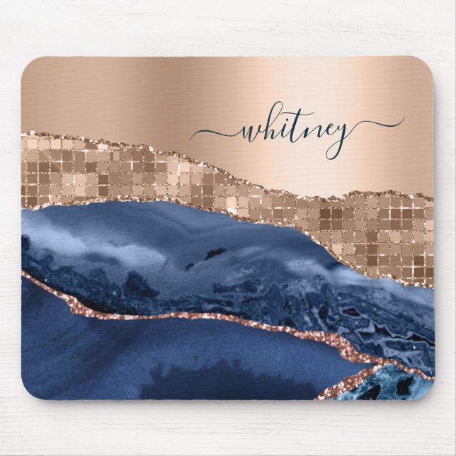 Modern Abstract Rose Gold Indigo Blue Agate Marble Mouse Mat (Front)