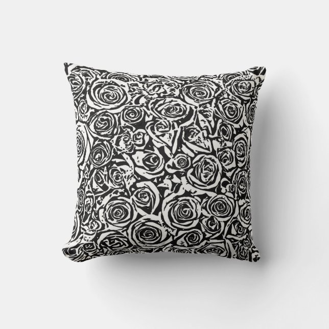 Modern Abstract Rose Pattern, Black and White Cushion (Front)