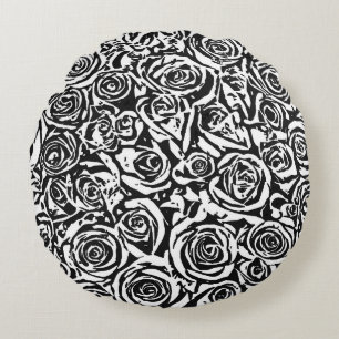 Modern Abstract Rose Pattern, Black and White Round Cushion