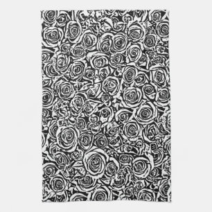 Modern Abstract Rose Pattern, Black and White Tea Towel