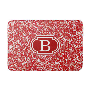 Modern Abstract Rose Pattern, Dark Red and White Bath Mat