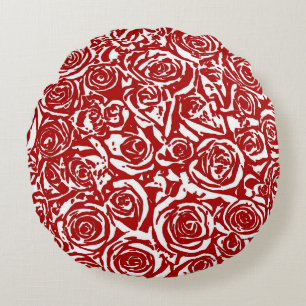 Modern Abstract Rose Pattern, Dark Red and White Round Cushion