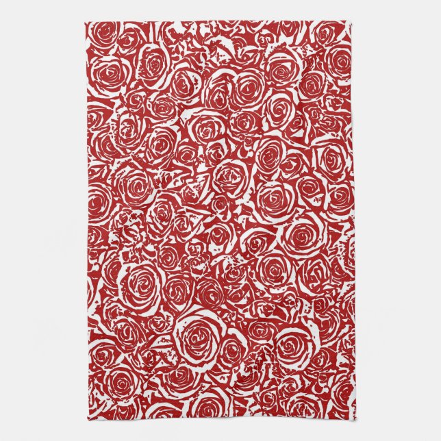 Modern Abstract Rose Pattern, Dark Red and White Tea Towel (Vertical)