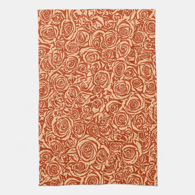 Modern Abstract Rose Pattern, Mandarin Orange Tea Towel (Vertical)