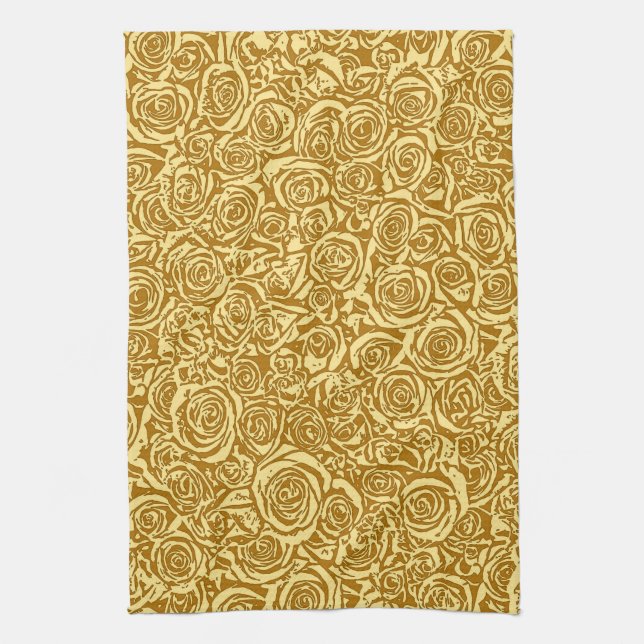 Modern Abstract Rose Pattern, Mustard Yellow Tea Towel (Vertical)