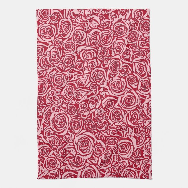 Modern Abstract Rose Pattern, Rose Red and Pink Tea Towel (Vertical)