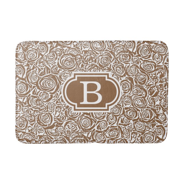 Modern Abstract Rose Pattern, Taupe Tan and White Bath Mat (Front)