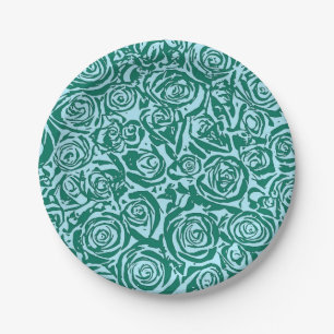 Modern Abstract Rose Pattern, Teal and Aqua Paper Plate
