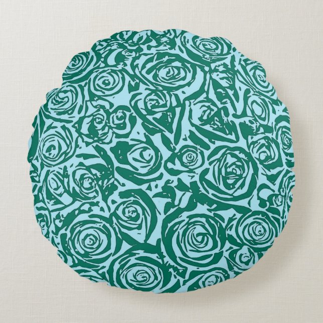 Modern Abstract Rose Pattern, Teal and Aqua Round Cushion (Front)