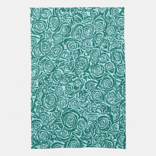 Modern Abstract Rose Pattern, Teal and Aqua Tea Towel (Vertical)
