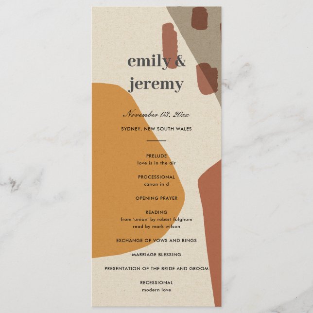 MODERN ABSTRACT RUST ART WEDDING CEREMONY PROGRAM MENU (Front)