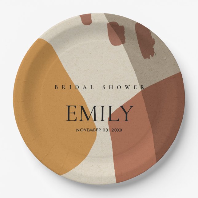 MODERN ABSTRACT RUST YELLOW ARTISTIC BRIDAL SHOWER PAPER PLATE (Front)