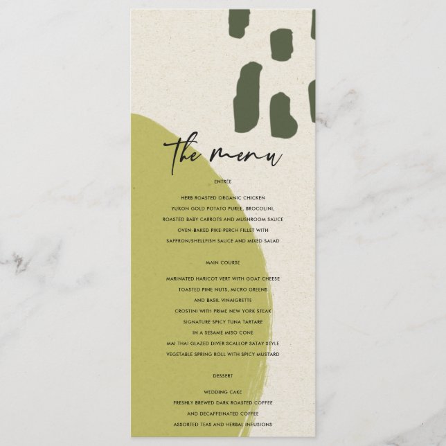 MODERN ABSTRACT RUSTIC LIME GREEN KRAFT WEDDING MENU (Front)