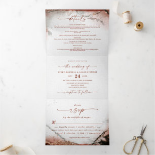 Modern Abstract Rustic Orange & Grey Fall Wedding Tri-Fold Invitation