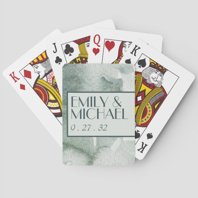 Modern Abstract Sage Green Moss Watercolor Playing Cards (Back)